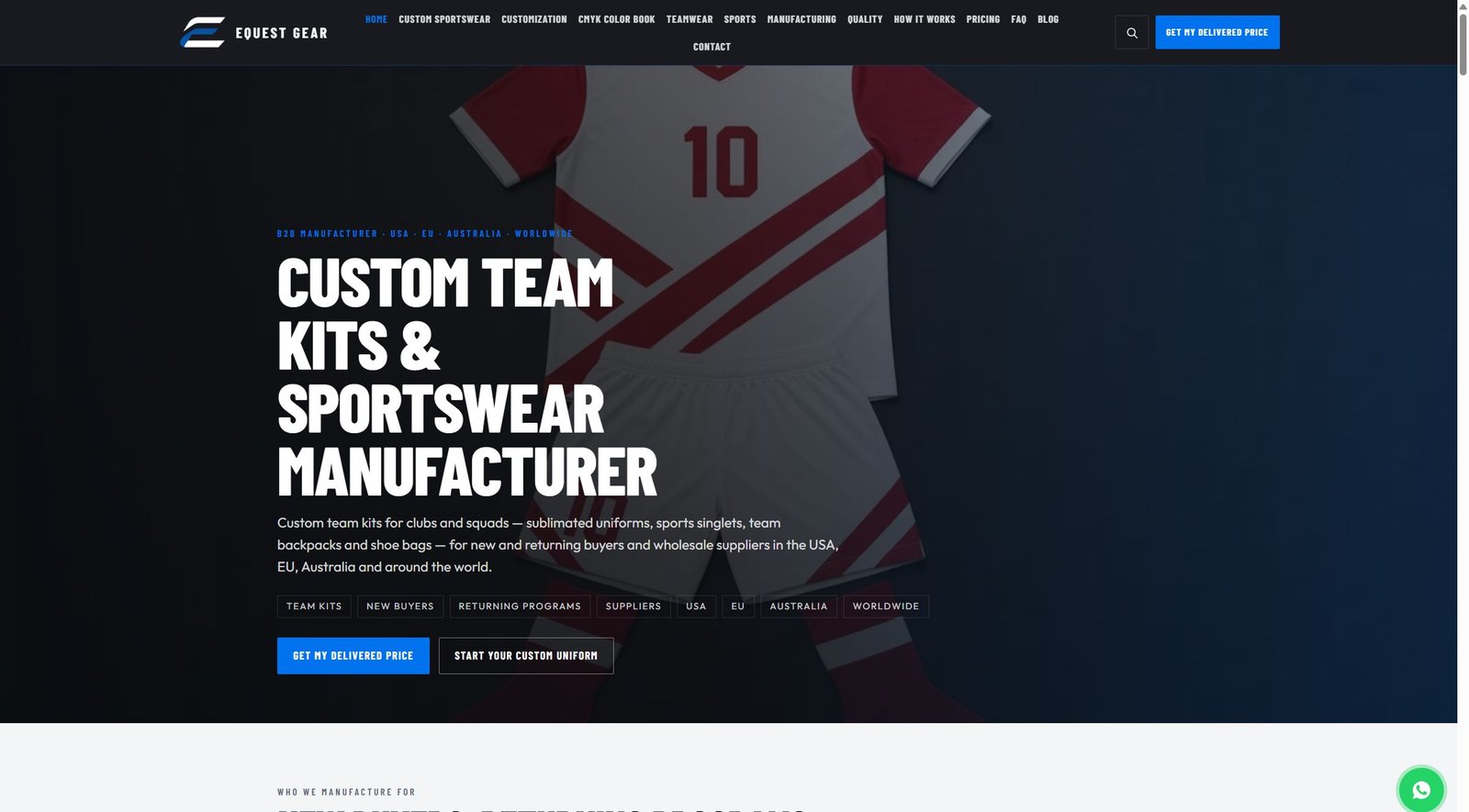 EQUEST GEAR website — custom team kits and sportswear manufacturer